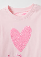Ovs Pink Stretch Cotton T-Shirt Regular Fit With Heart For Girls