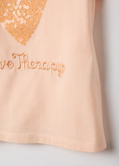 Ovs Pink Stretch Cotton Regular Fit T-Shirt With Heart For Girl