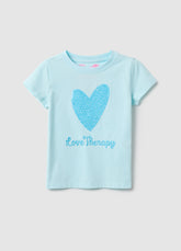 Ovs Blue Stretch Cotton Regular Fit Heart T-Shirt For Girls