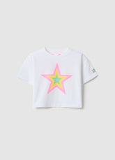 Ovs Girls' White Stretch Cotton Boxy Fit T-Shirt With Star