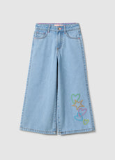 Ovs Girl'S Blue Wide Leg Cotton Jeans With Embroidery
