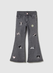 Ovs Grey Cotton Blend Flare Jeans For Girls With Minnie Prints