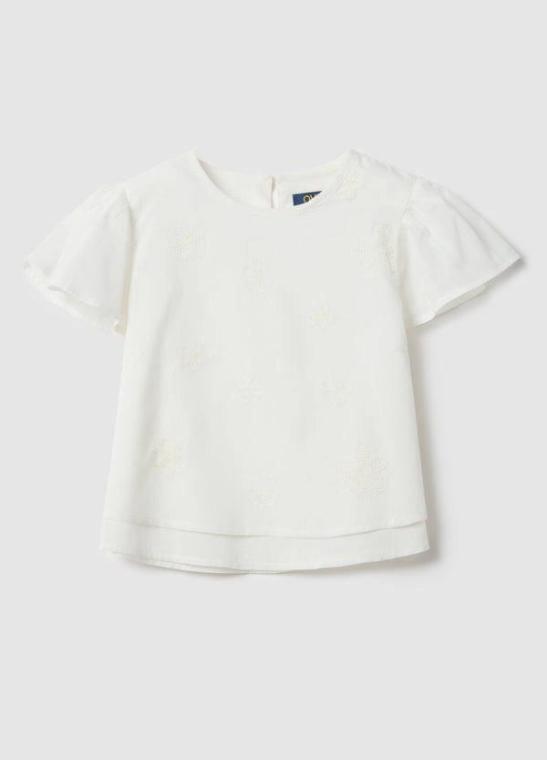 Ovs Girls' White Pure Cotton Blouse Regular Fit With Embroidery