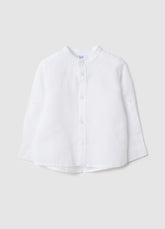 Ovs White Linen And Cotton Baby Shirt Regular Fit With Mandarin Collar