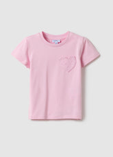 Ovs Pink Girl’S Stretch Cotton T-Shirt With Heart - Regular Fit