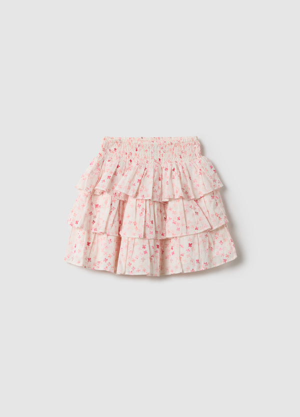 OVS Girls' Multicolour Pure Cotton Tiered Skirt With Floral Pattern