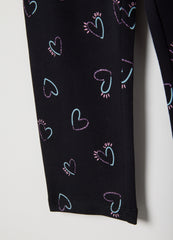 Ovs Girls' Black Stretch Cotton Skinny Fit Leggings With Hearts