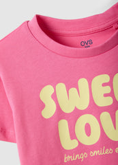 Ovs Girls' Pink Pure Cotton Boxy Fit T-Shirt With Print