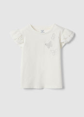 Ovs White Stretch Cotton T-Shirt With Frills For Girls