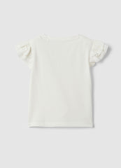 Ovs White Stretch Cotton T-Shirt With Frills For Girls