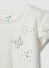 Ovs White Stretch Cotton T-Shirt With Frills For Girls