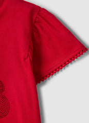 Ovs Red Stretch Cotton Children'S T-Shirt With Minnie Mouse Decoration