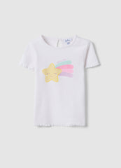 Ovs Girls' White Stretch Cotton T-Shirt With Star