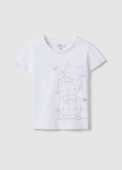 Ovs Girls' White Cotton T-Shirt With Cat Print, Regular Fit