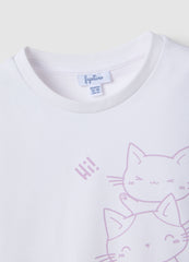 Ovs Girls' White Cotton T-Shirt With Cat Print, Regular Fit