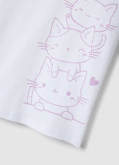 Ovs Girls' White Cotton T-Shirt With Cat Print, Regular Fit