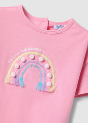 Ovs Pink Stretchy Cotton Girl'S T-Shirt With Rainbow Embroidery