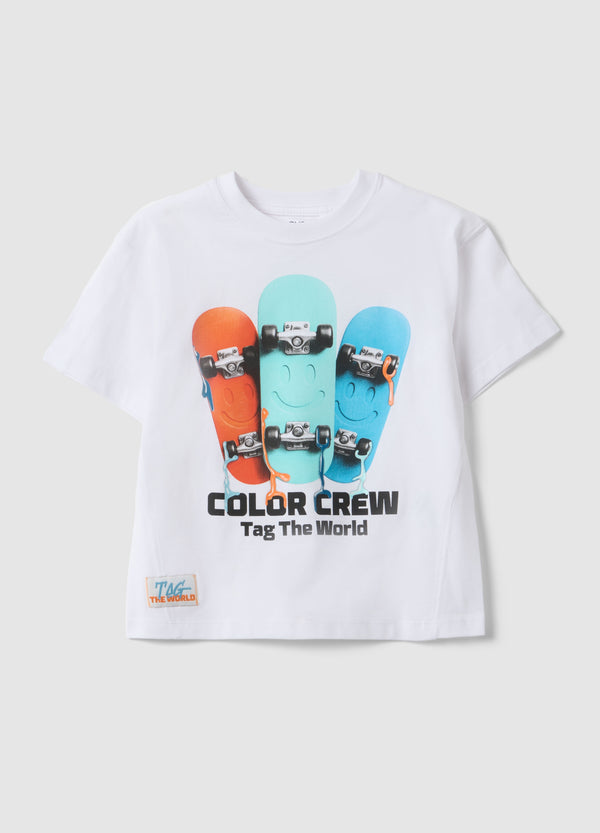 OVS Boys' Regular Fit Pure White Cotton T-Shirt With Skateboard Design