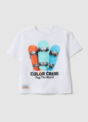 OVS Boys' Regular Fit Pure White Cotton T-Shirt With Skateboard Design
