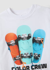 OVS Boys' Regular Fit Pure White Cotton T-Shirt With Skateboard Design