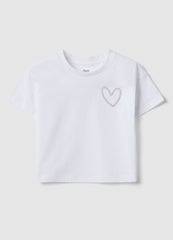 Ovs Girls' White Pure Cotton Boxy Fit T-Shirt With Heart