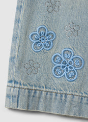 Ovs Girl'S Regular Fit Light Blue Denim Cotton Jeans With Embroidery