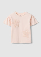 OVS Girls' Pink Stretch Cotton T-Shirt With Floral Embroidery