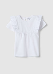 OVS Girls White Pure Cotton T-Shirt, Regular Fit, With Ruffle Sleeves
