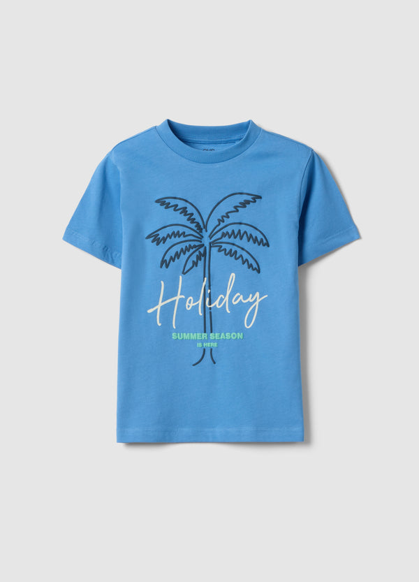 OVS Blue Cotton Boys' Regular Fit T-Shirt With Palm Print