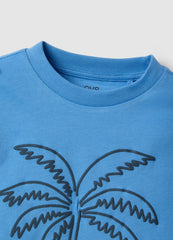 OVS Blue Cotton Boys' Regular Fit T-Shirt With Palm Print