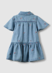 OVS Blue Denim Cotton Blend Dress For Girls With Rainbows
