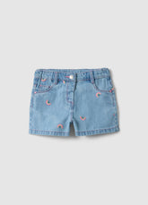 Ovs Blue Denim Cotton Blend Shorts For Girls, Regular Fit, With Embroidery