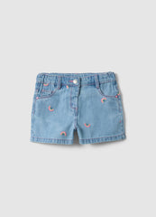 Ovs Blue Denim Cotton Blend Shorts For Girls, Regular Fit, With Embroidery