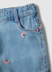 Ovs Blue Denim Cotton Blend Shorts For Girls, Regular Fit, With Embroidery