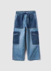 Ovs Multicoloured Pure Cotton Denim Cargo Joggers For Children With Relaxed Fit