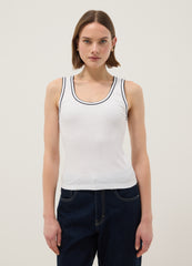 OVS White Stretch Cotton Tank Top With Border Regular Fit