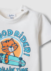OVS تي شيرت أطفال قطن أبيض سادة بقصة عادية بطبعة Tiger Rider