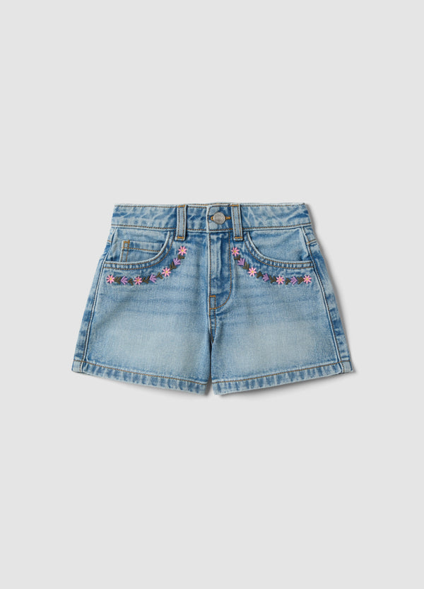 OVS Girls’ Blue Denim Cotton Shorts, Regular Fit With Embroidery