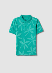 OVS Green Pure Cotton Boys Polo Shirt, Regular Fit, With Floral Design