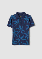 OVS Boys Blue Pure Cotton Polo Shirt, Regular Fit, With Floral Print