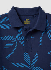 OVS Boys Blue Pure Cotton Polo Shirt, Regular Fit, With Floral Print