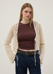 OVS Beige Cotton-Blend Regular-Fit Cardigan With Openwork Design