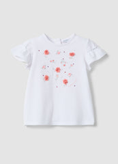 OVS Girls' Regular Fit White Stretch Cotton T-Shirt With Flowers