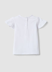 OVS Girls' Regular Fit White Stretch Cotton T-Shirt With Flowers