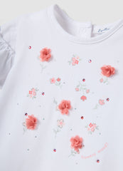 OVS Girls' Regular Fit White Stretch Cotton T-Shirt With Flowers