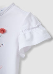 OVS Girls' Regular Fit White Stretch Cotton T-Shirt With Flowers