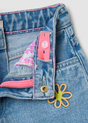 OVS Girl'S Regular Fit Light Blue Denim Cotton Shorts With Embroidery