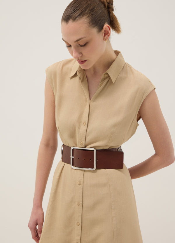 OVS Beige Viscose And Linen-Blend Shirt Dress, Regular Fit