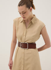 OVS Beige Viscose And Linen-Blend Shirt Dress, Regular Fit