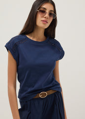 OVS Blue Pure Cotton T-Shirt With Perforated Inserts